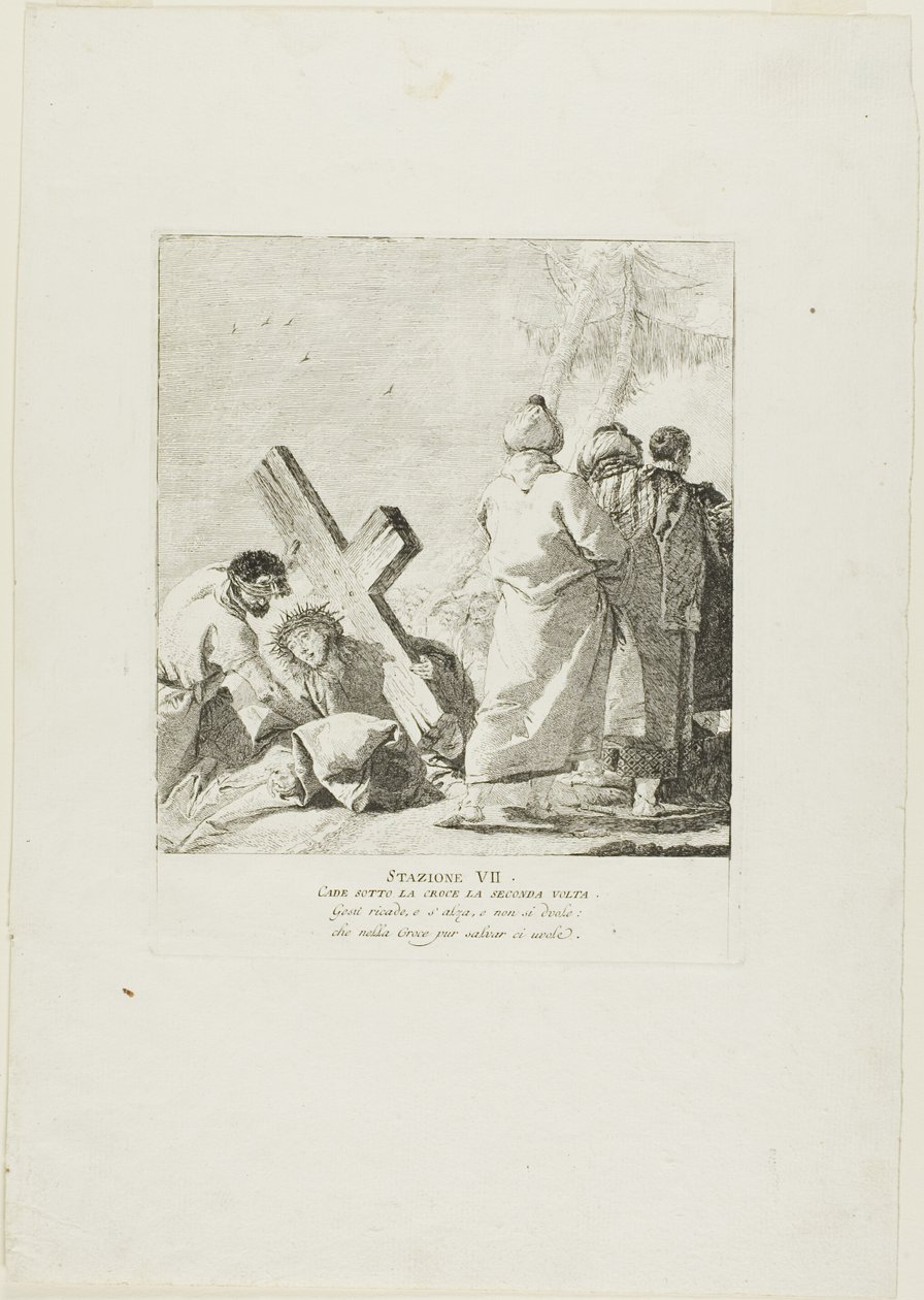 Cristo cae bajo la cruz por segunda vez, lámina siete del Vía Crucis de Giovanni Domenico Tiepolo