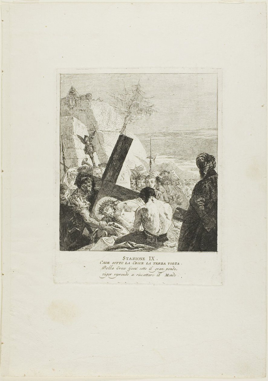 Cristo cae bajo la cruz por tercera vez, lámina nueve del Vía Crucis de Giovanni Domenico Tiepolo