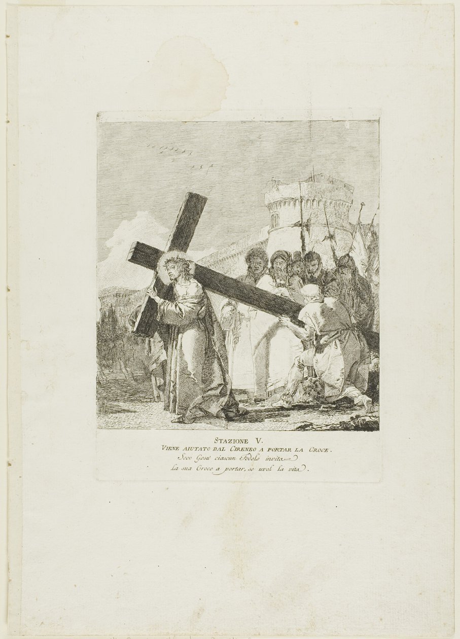 Cristo es ayudado por Simón de Cirene, lámina cinco del Vía Crucis de Giovanni Domenico Tiepolo