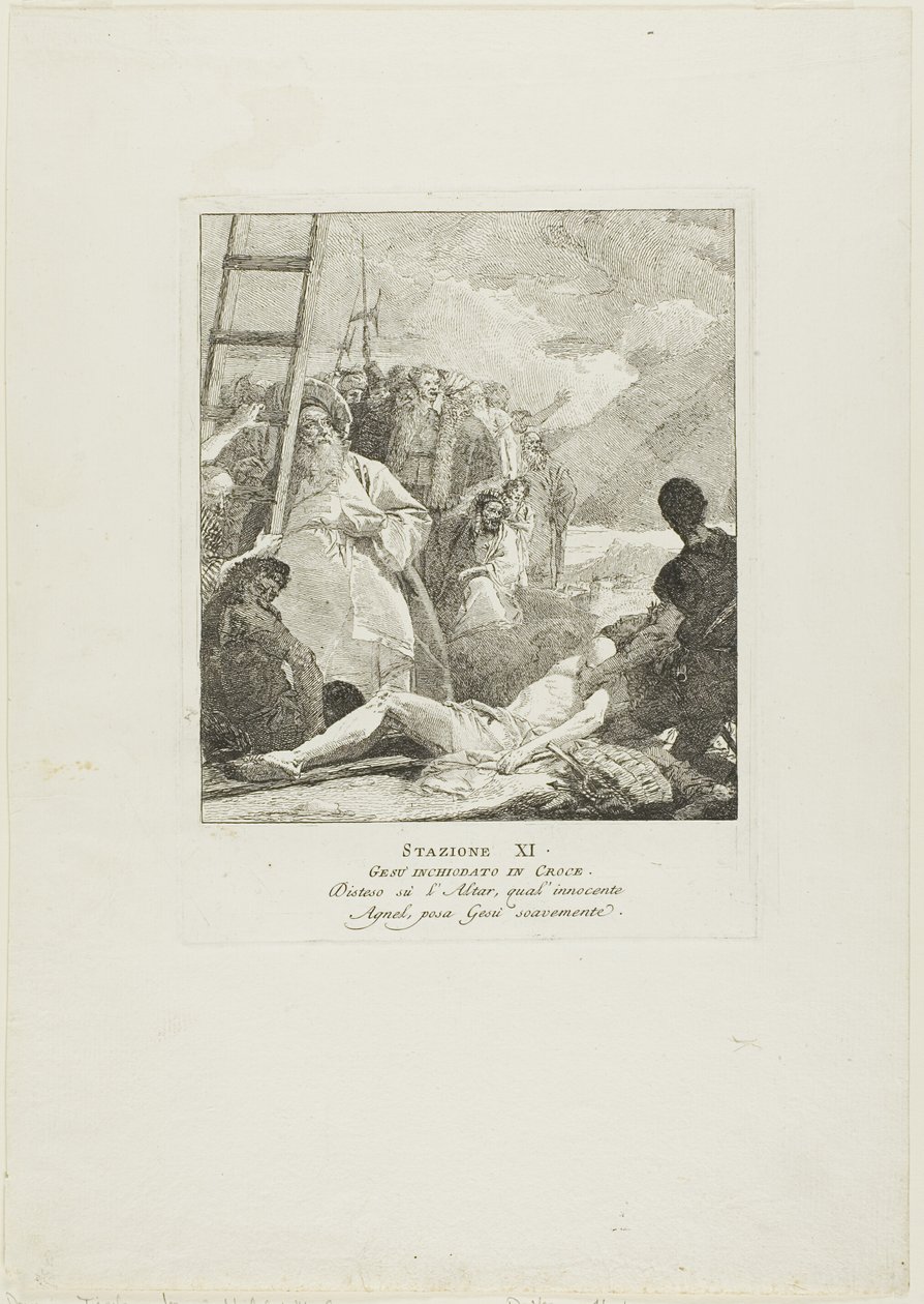 Cristo es clavado en la cruz, lámina once del Vía Crucis de Giovanni Domenico Tiepolo