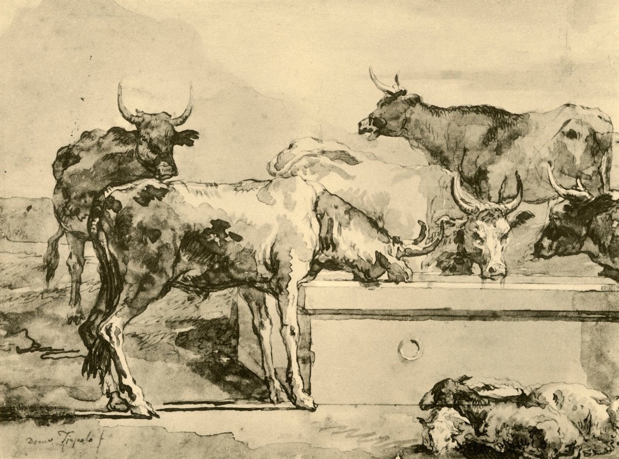 Vacas bebiendo agua, mediados-finales del siglo XVIII, 1928 de Giovanni Domenico Tiepolo