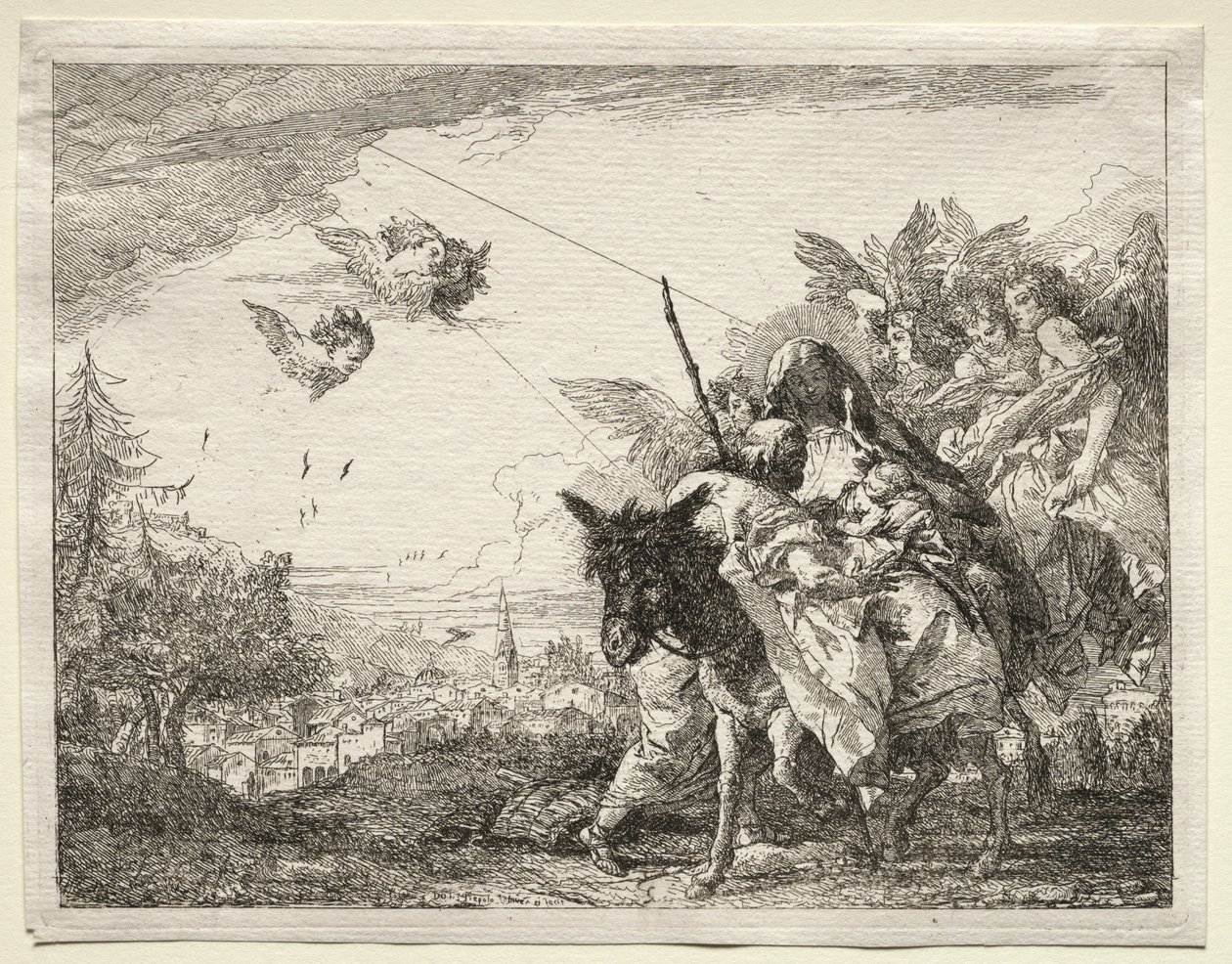 Huida a Egipto: José Deteniéndose para Contemplar al Niño Cristo de Giovanni Domenico Tiepolo