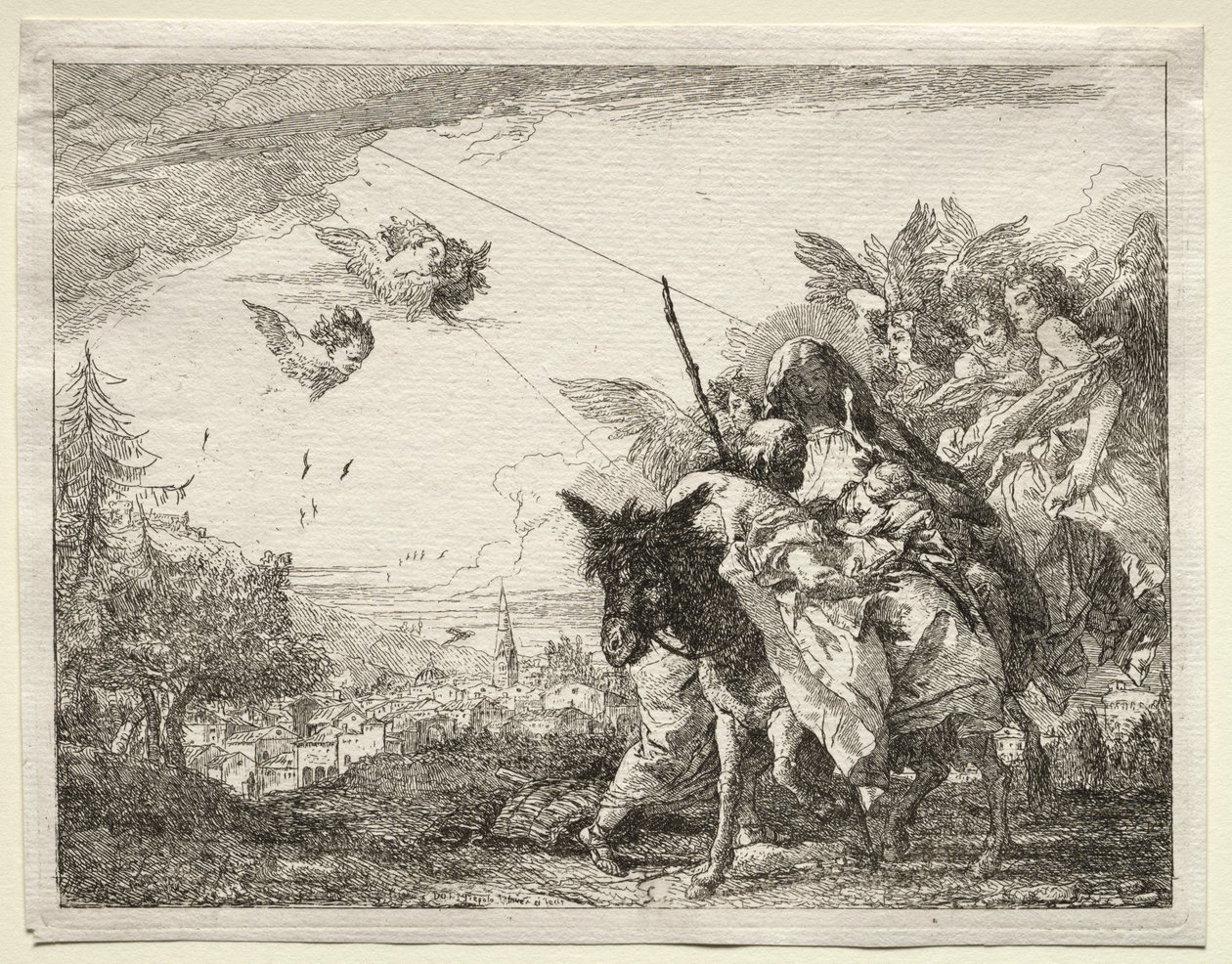 Huida a Egipto: José deteniéndose para mirar al Niño Cristo de Giovanni Domenico Tiepolo