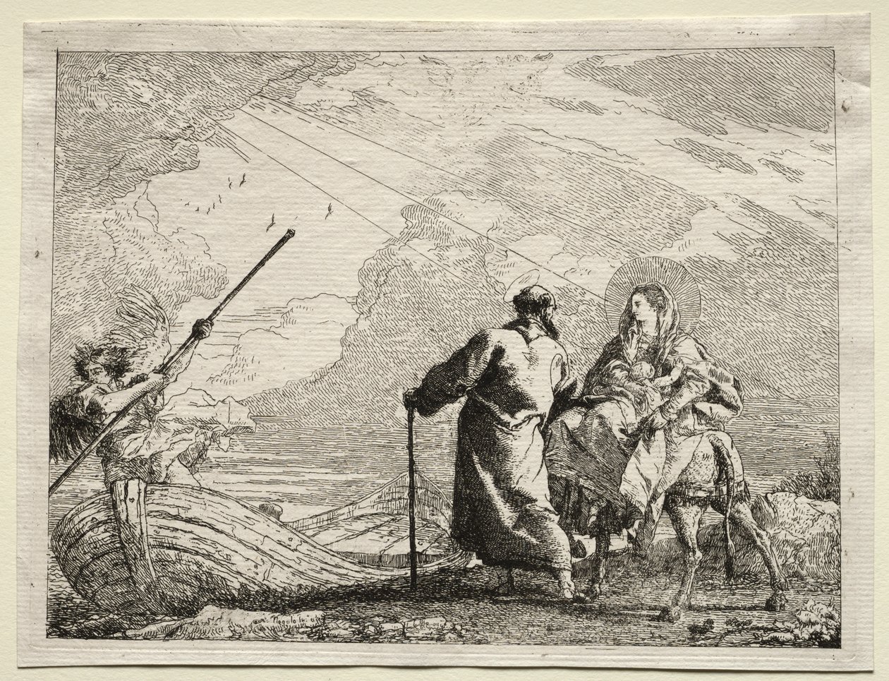 Huida a Egipto: La Sagrada Familia llegando a la orilla del río de Giovanni Domenico Tiepolo
