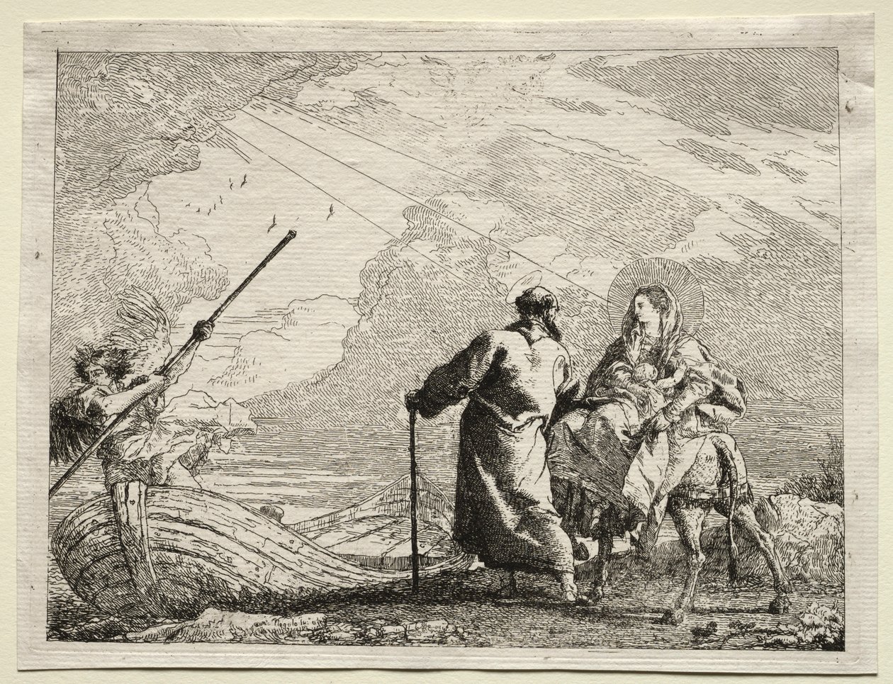 Huida a Egipto: La Sagrada Familia llegando a la orilla del río de Giovanni Domenico Tiepolo