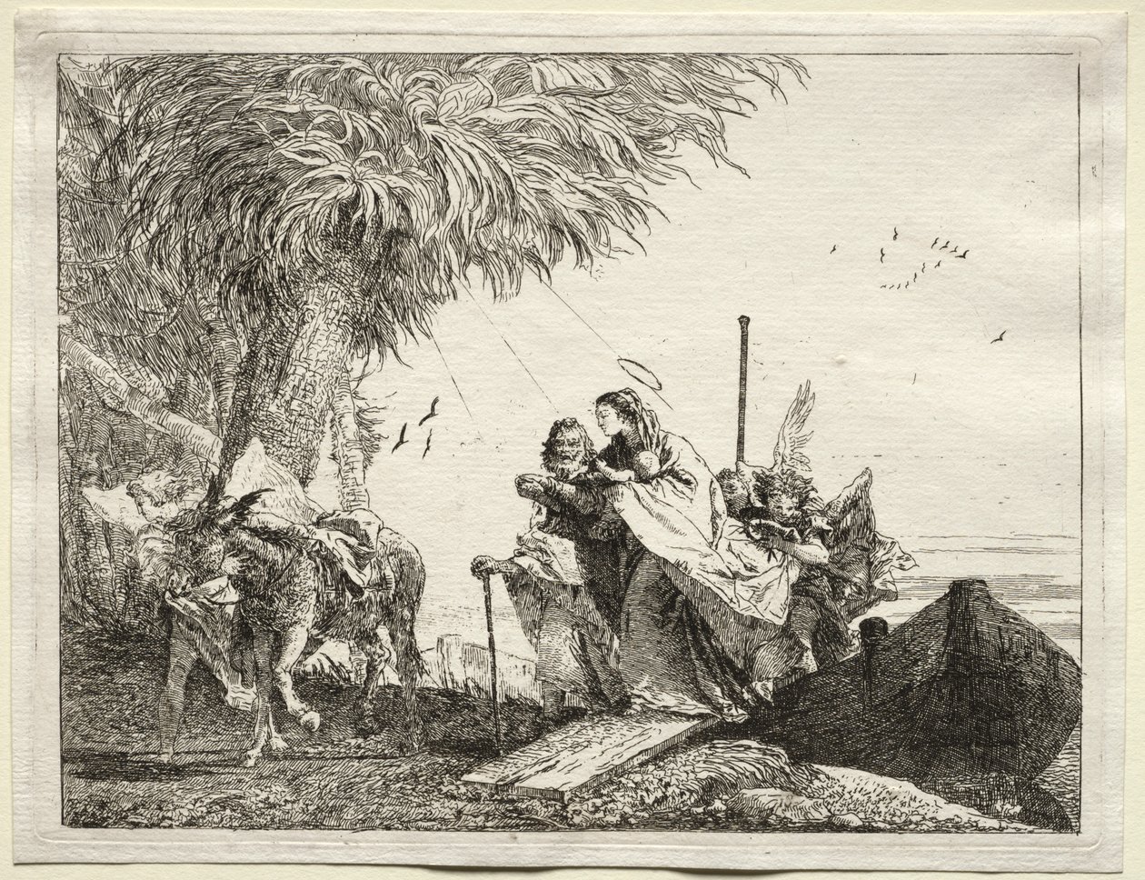 Huida a Egipto: La Sagrada Familia desembarcando de Giovanni Domenico Tiepolo
