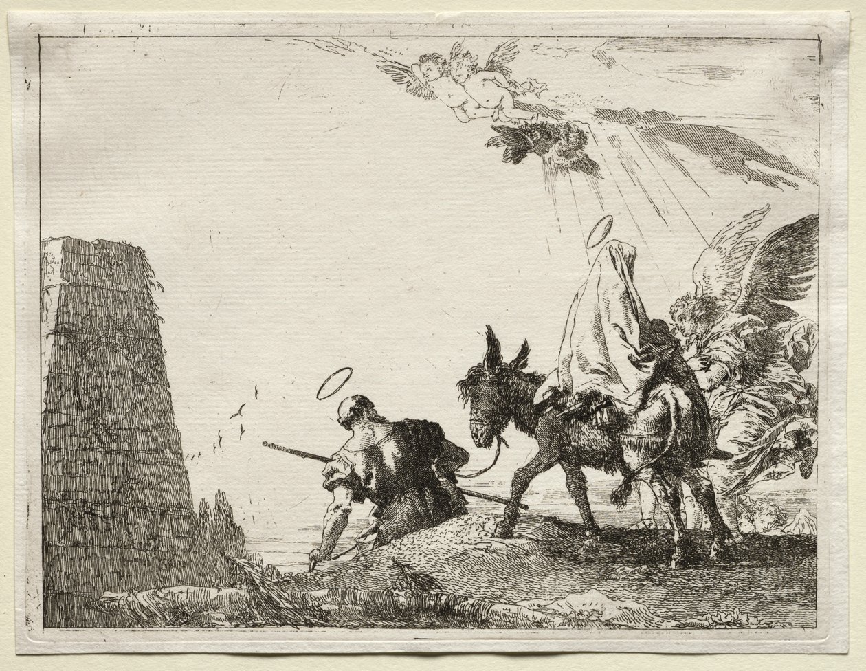 Huida a Egipto: La Sagrada Familia pasando cerca de una pirámide de Giovanni Domenico Tiepolo