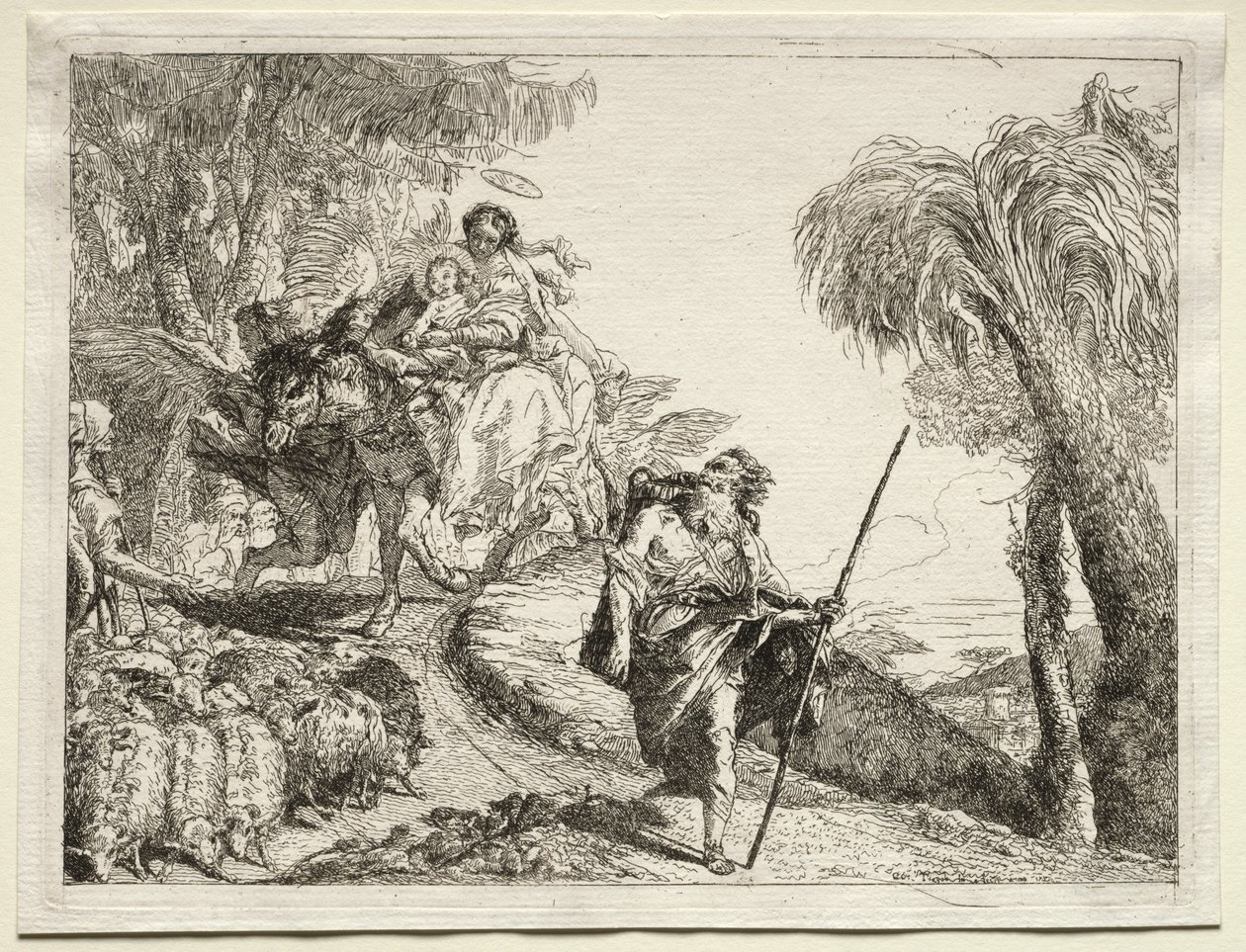 Huida a Egipto: La Sagrada Familia y el rebaño de ovejas de Giovanni Domenico Tiepolo