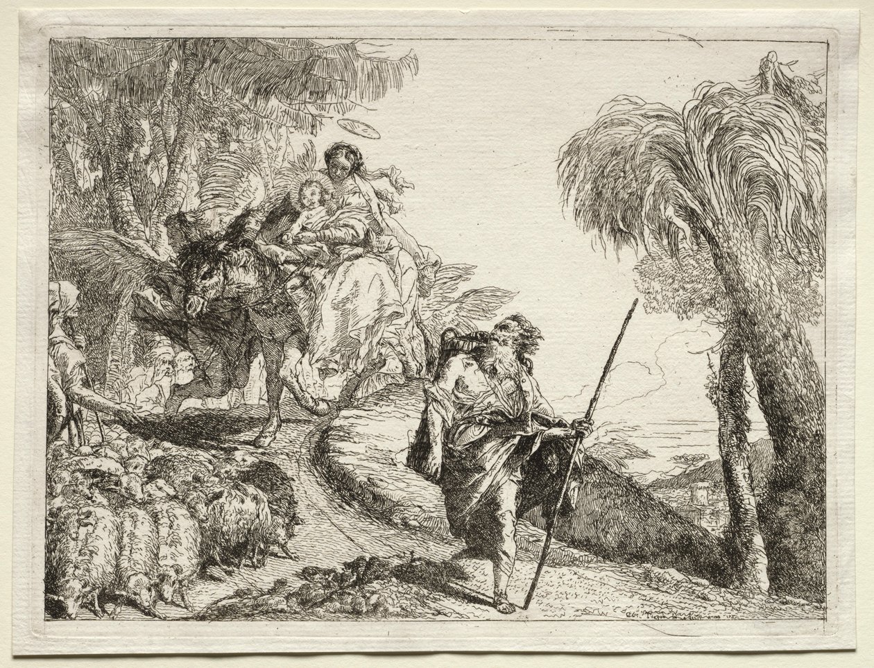 Huida a Egipto: La Sagrada Familia y el Rebaño de Ovejas de Giovanni Domenico Tiepolo