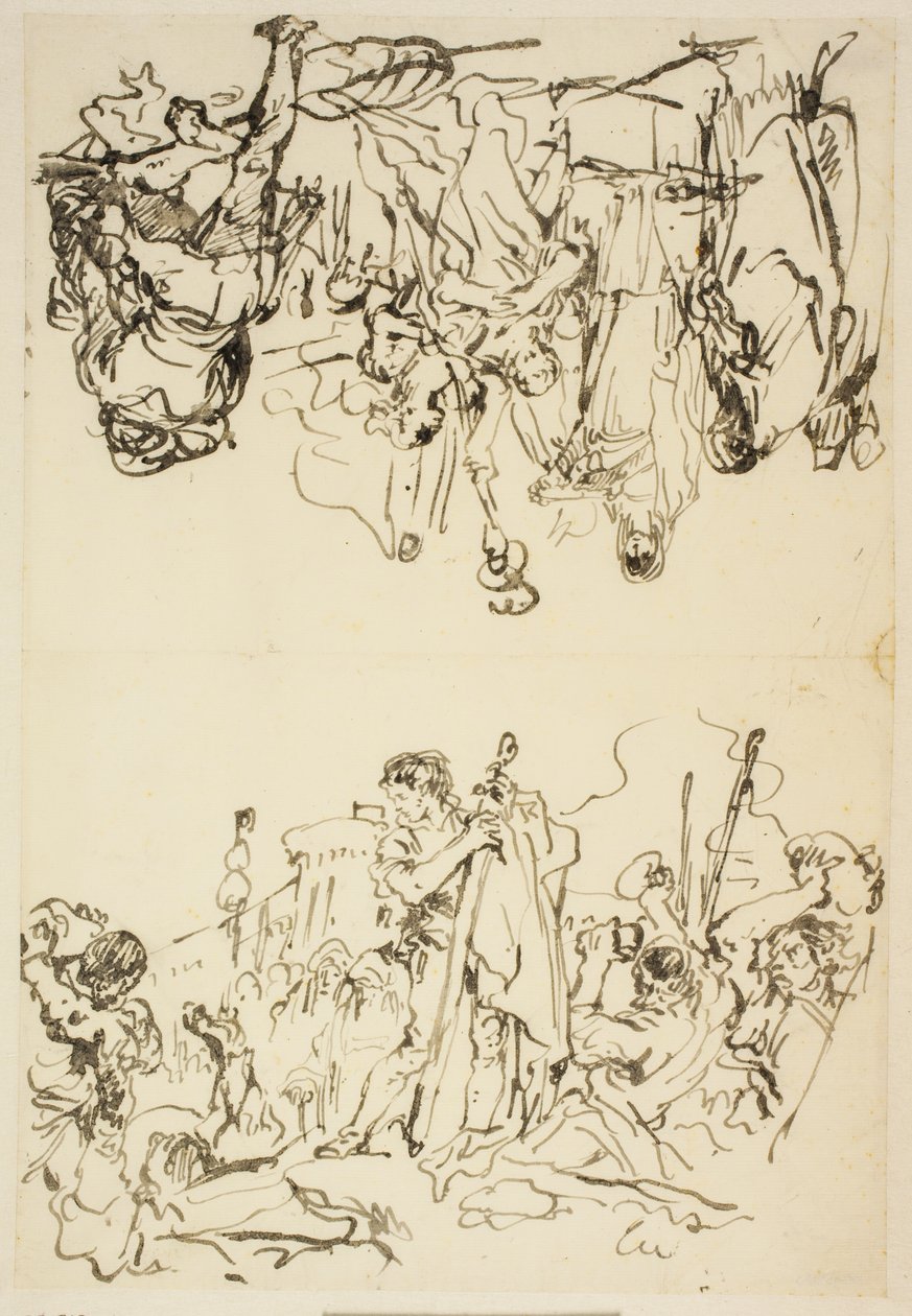 Hoja doblada con "El martirio de San Esteban y Agripina desembarcando en Brindisi con las cenizas de Germánico" de Giovanni Domenico Tiepolo