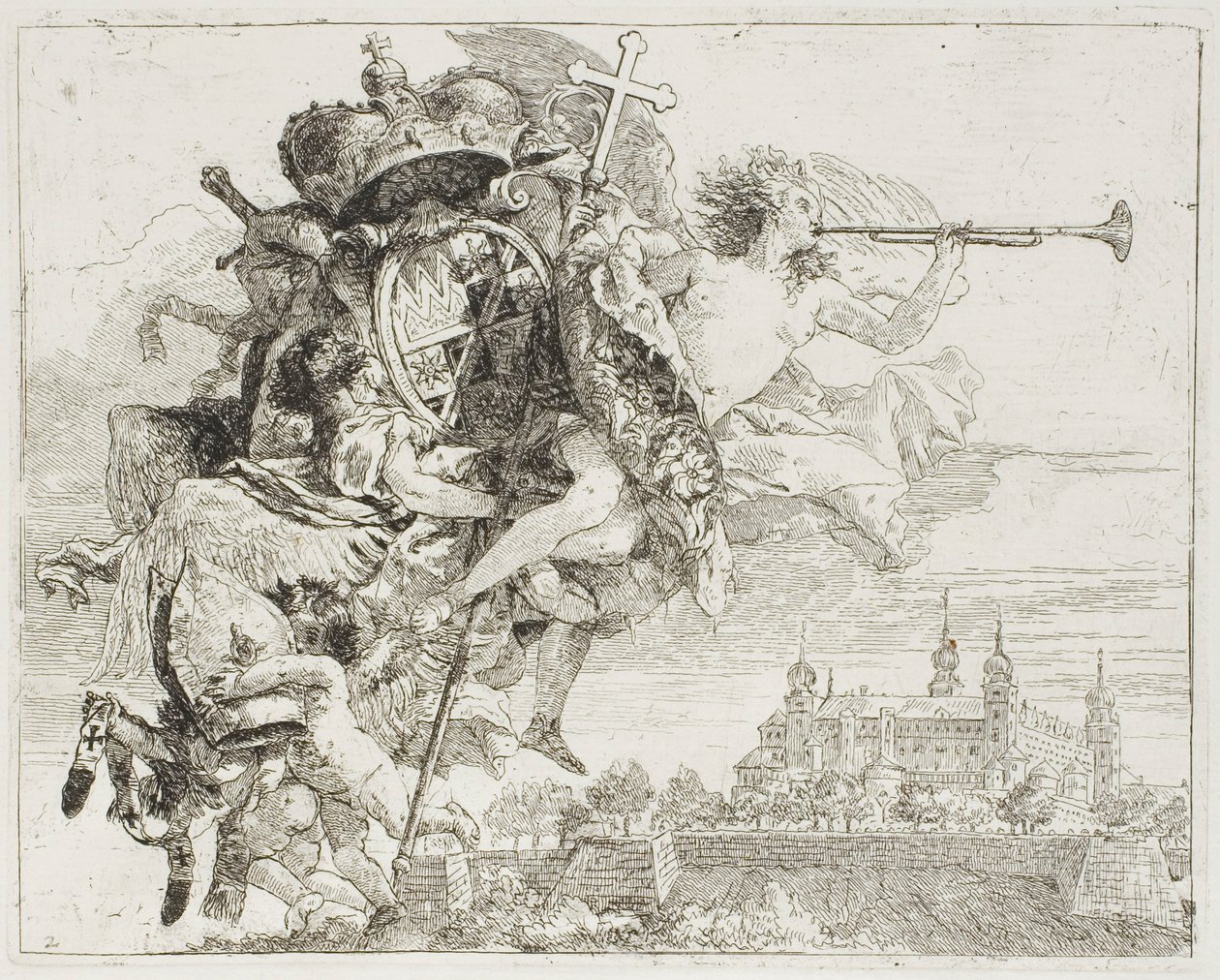 Frontispicio: Las armas de Carl Philipp von Greiffenklau llevadas en alto por un ángel, de La huida a Egipto de Giovanni Domenico Tiepolo