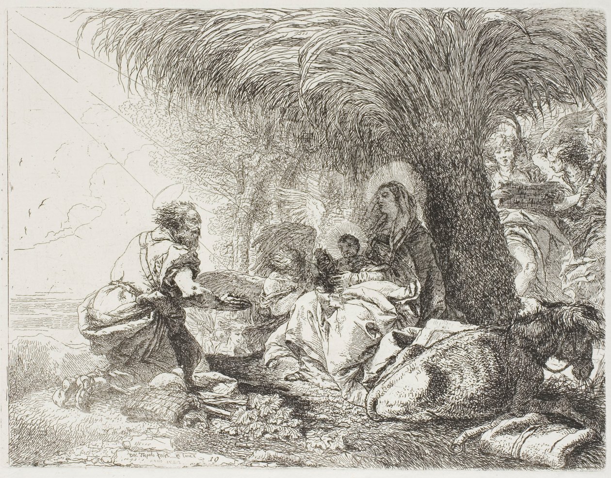 José Adorando al Niño Mientras Dos Ángeles Cantan, lámina diecinueve de La Huida a Egipto de Giovanni Domenico Tiepolo