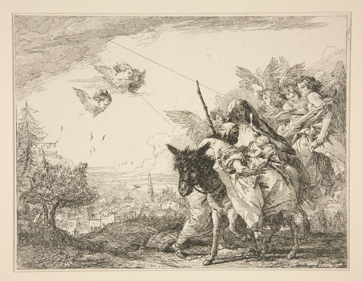 José contempla al Niño Jesús, de la serie Ideas pintorescas sobre la huida a Egipto (Flight into Egypt) de Giovanni Domenico Tiepolo