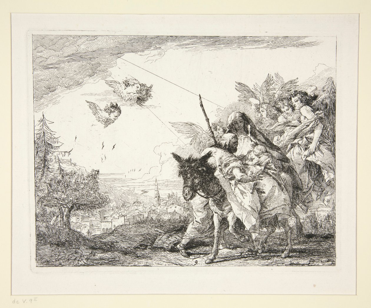 José contempla al Niño Jesús, de la serie Ideas pintorescas sobre la huida a Egipto (Flight into Egypt) de Giovanni Domenico Tiepolo