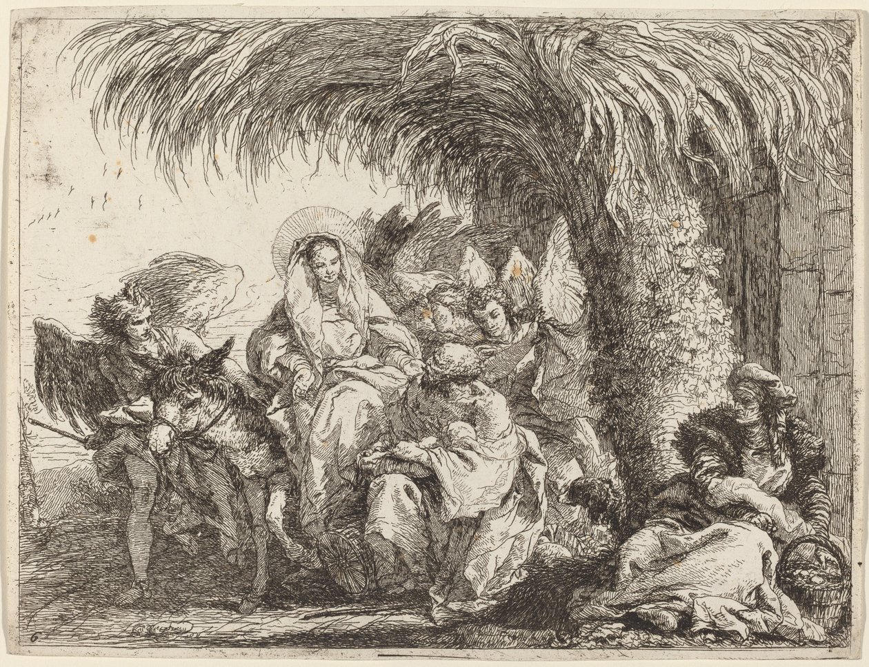 José arrodillado con el niño ante María en el burro de Giovanni Domenico Tiepolo