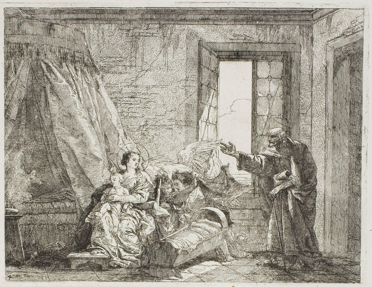 José le dice a María sobre su próxima partida, placa cuatro de La huida a Egipto de Giovanni Domenico Tiepolo