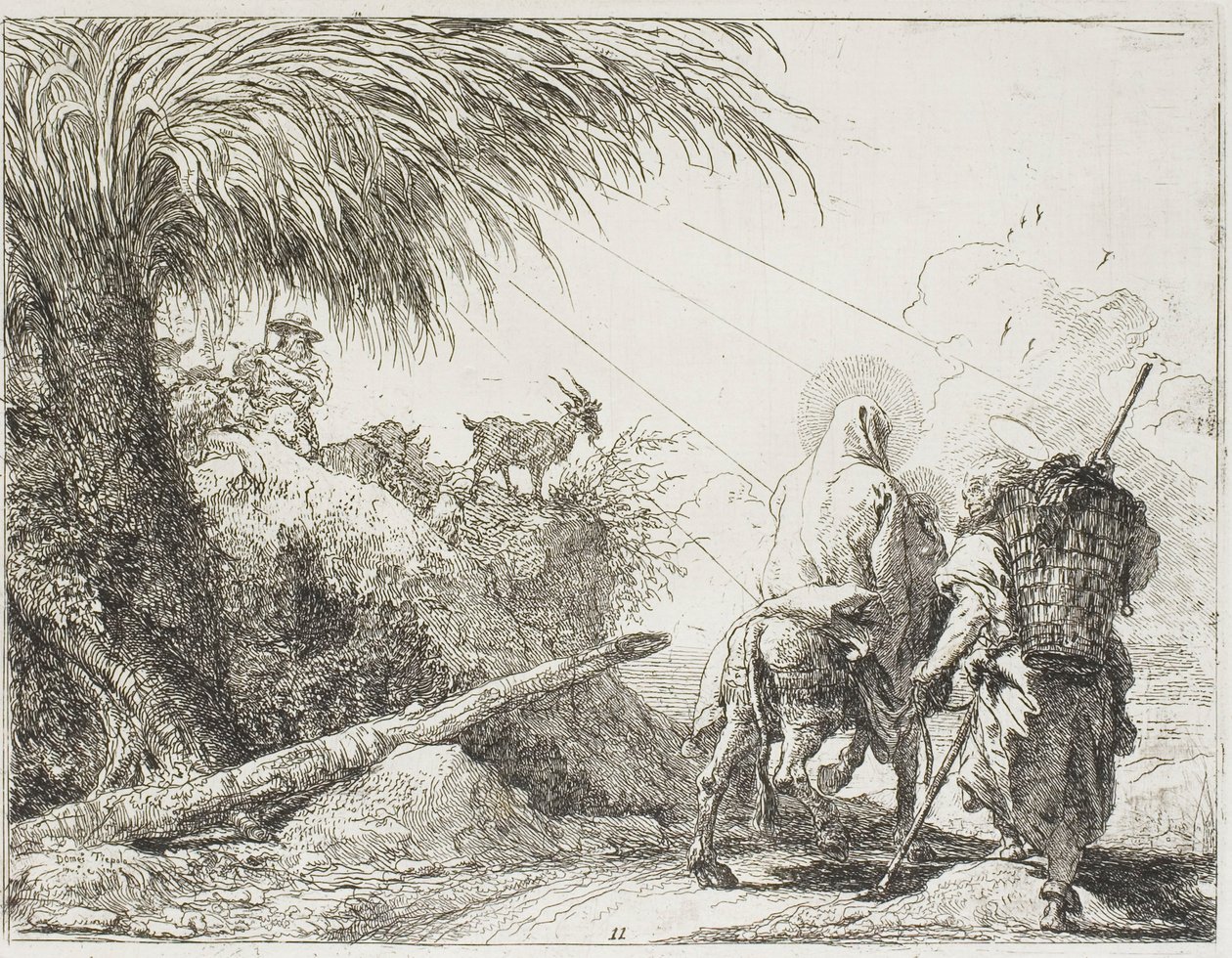 José y María pasando junto a un pastor y su rebaño, lámina once de La huida a Egipto de Giovanni Domenico Tiepolo