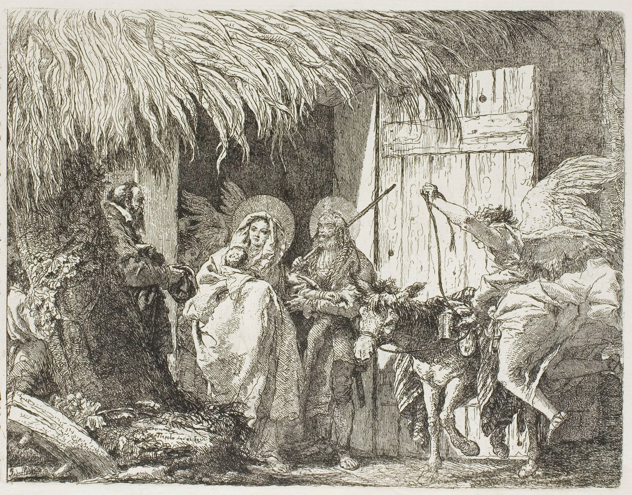 José y María Buscando Refugio, placa cinco de La Huida a Egipto de Giovanni Domenico Tiepolo