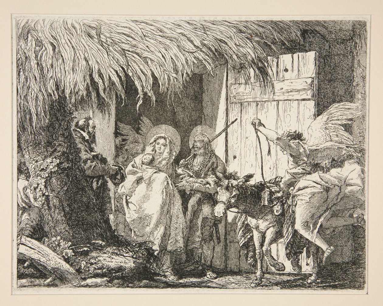 José y María frente a una casa, de la serie Idee pittoresche sopra la fuga en Egitto (Huida a Egipto) de Giovanni Domenico Tiepolo