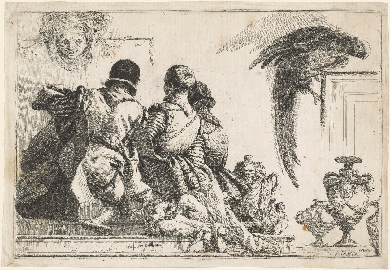 Páginas arrodilladas, una máscara y un loro de Giovanni Domenico Tiepolo