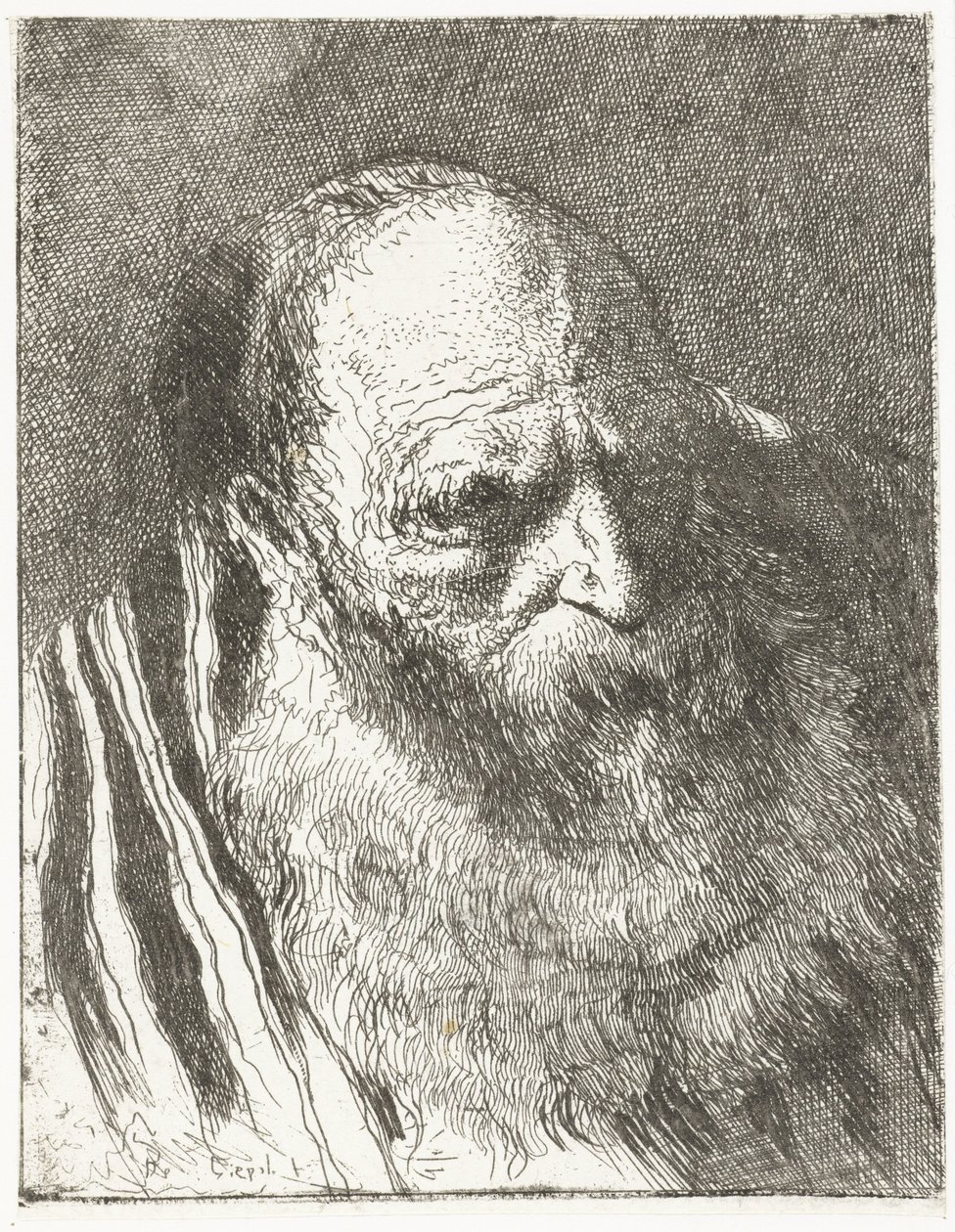 Hombre con barba en capa a rayas Colección de cabezas (título de la serie) Raccolta di Teste (título de la serie) de Giovanni Domenico Tiepolo