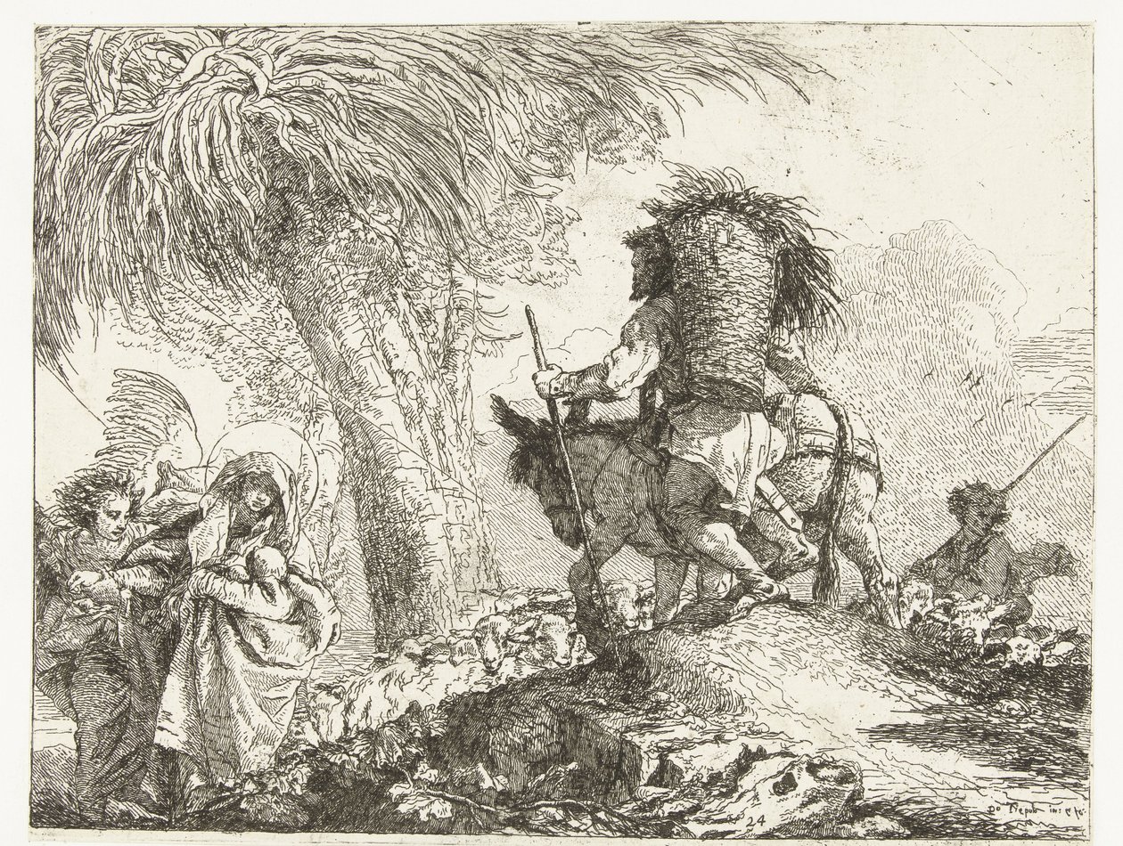 María con el Niño sostenida por un ángel y José conduce un burro más allá de un pastor con ovejas Vuelo a Egipto (título de la serie) Idea pintoresca sopra la fugga en Egitto (título de serie) de Giovanni Domenico Tiepolo