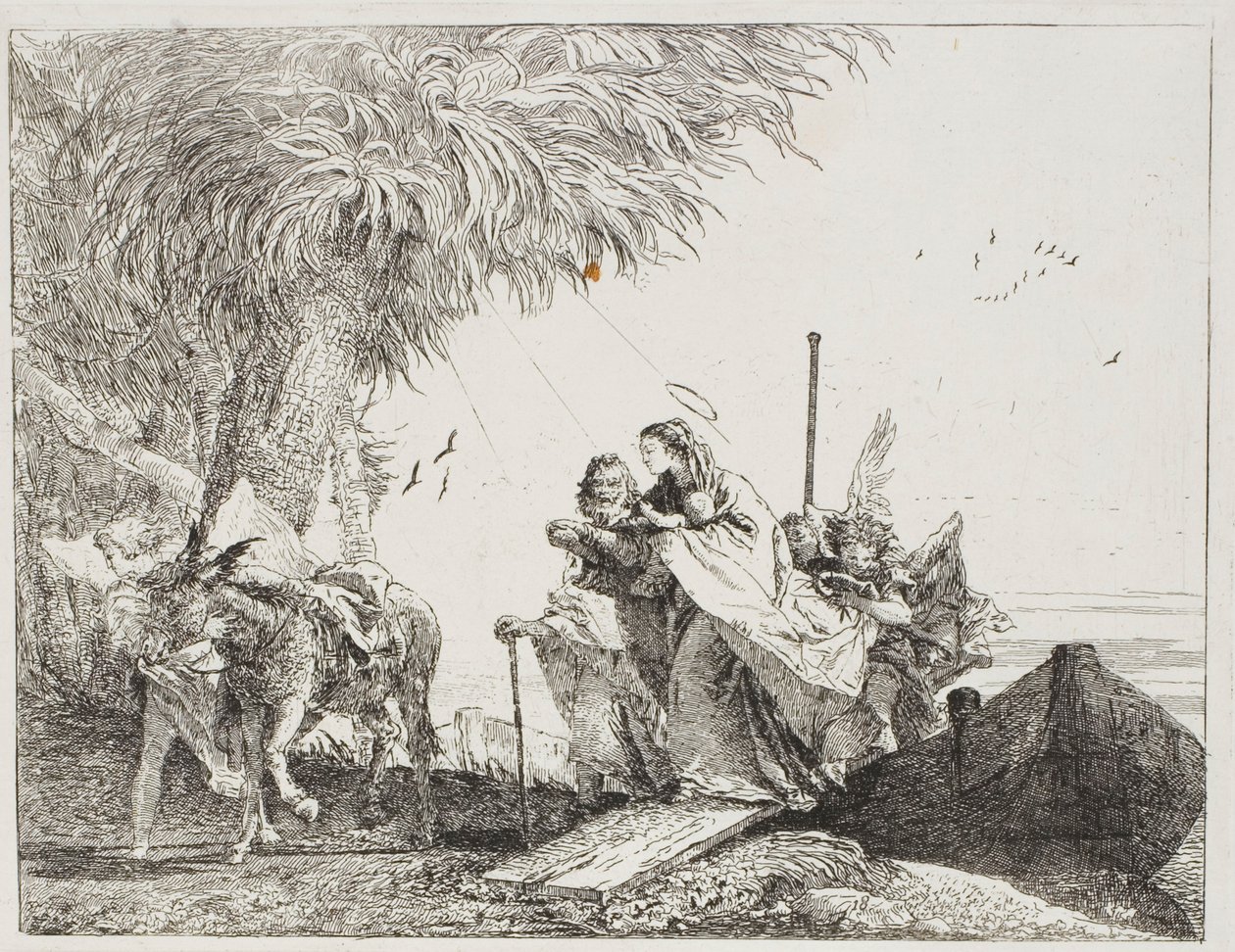 María, Ayudada por José y un Ángel, Saliendo del Barco, lámina dieciocho de La Huida a Egipto de Giovanni Domenico Tiepolo