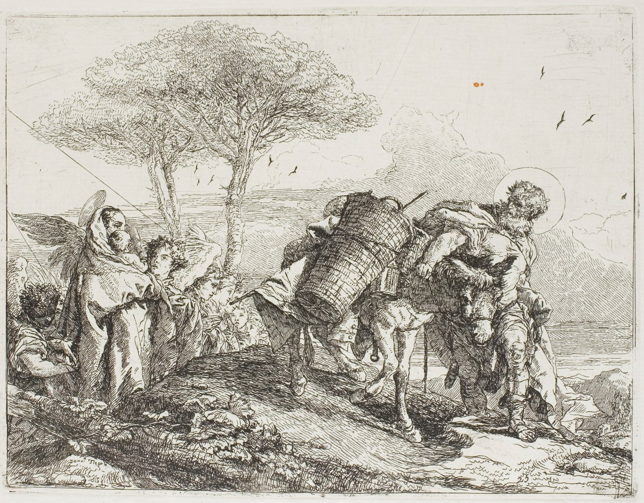 María, ayudada por dos ángeles, sigue a José con el burro, lámina 25 de La huida a Egipto de Giovanni Domenico Tiepolo