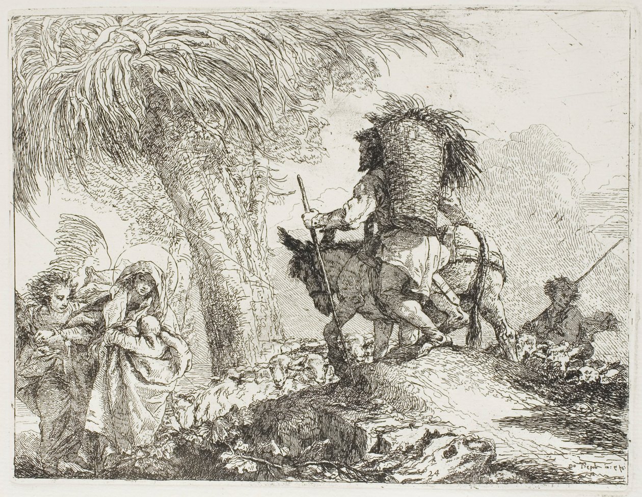 María, ayudada por un ángel, y José llevando la cesta, pasando un rebaño, placa 24 de La huida a Egipto de Giovanni Domenico Tiepolo