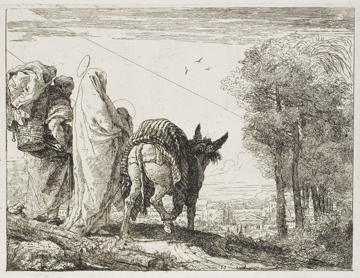 María sosteniendo al niño en sus brazos y José con la cesta, lámina diez de La huida a Egipto de Giovanni Domenico Tiepolo
