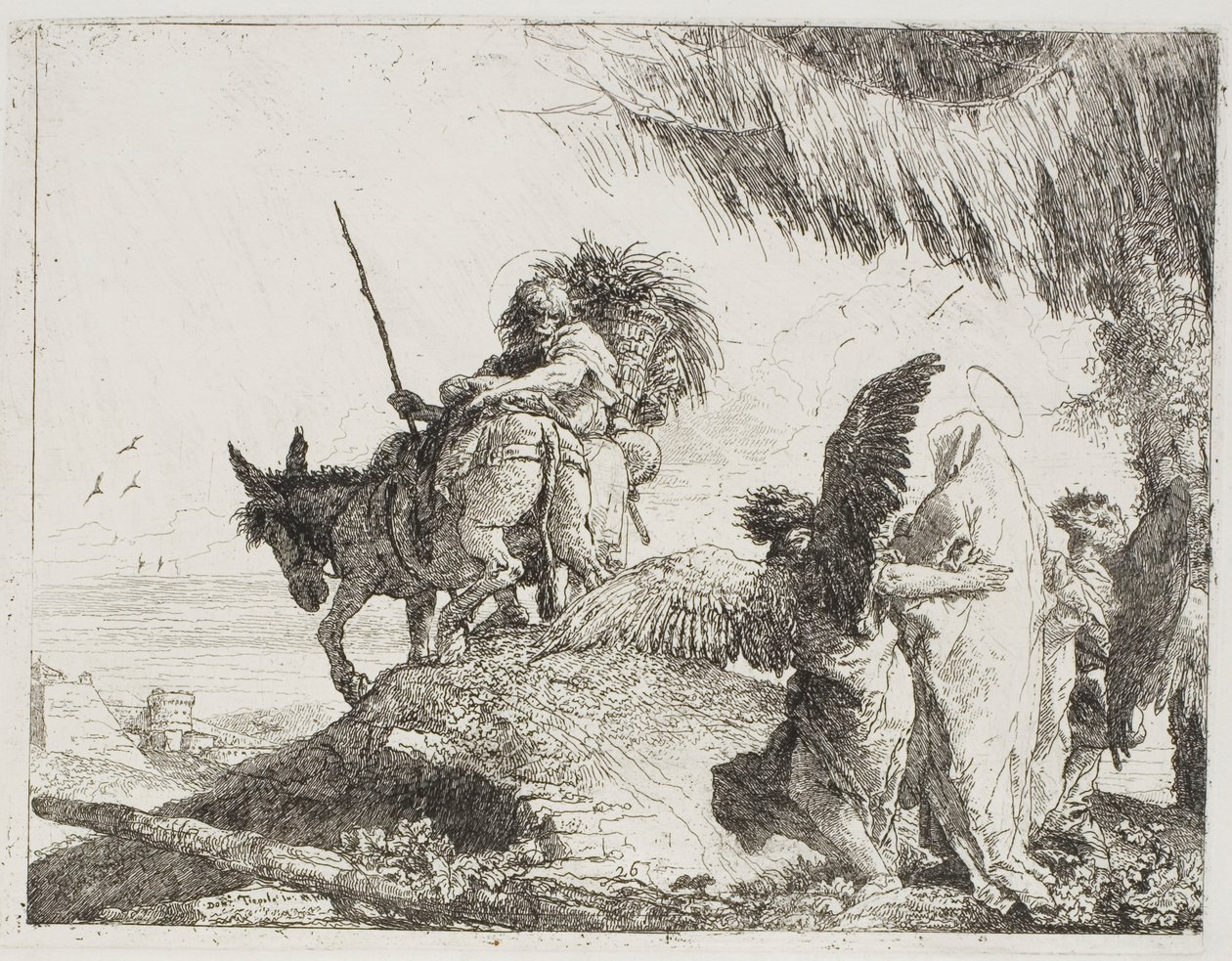 María, apoyada por dos ángeles, sigue a José, lámina 26 de La huida a Egipto de Giovanni Domenico Tiepolo