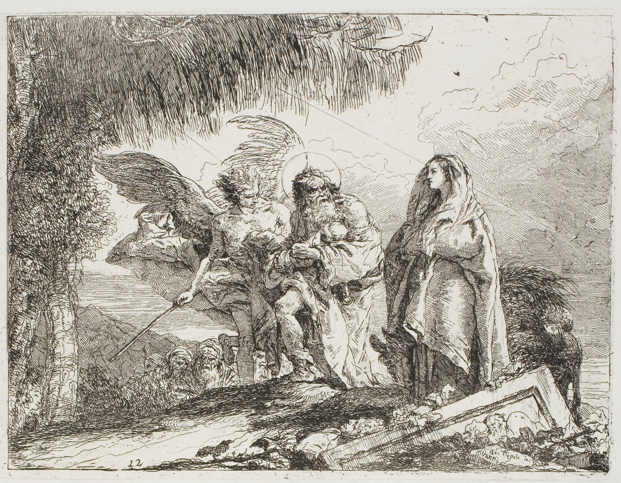 María y José, sosteniendo al niño, son escoltados por un ángel, lámina doce de La huida a Egipto de Giovanni Domenico Tiepolo