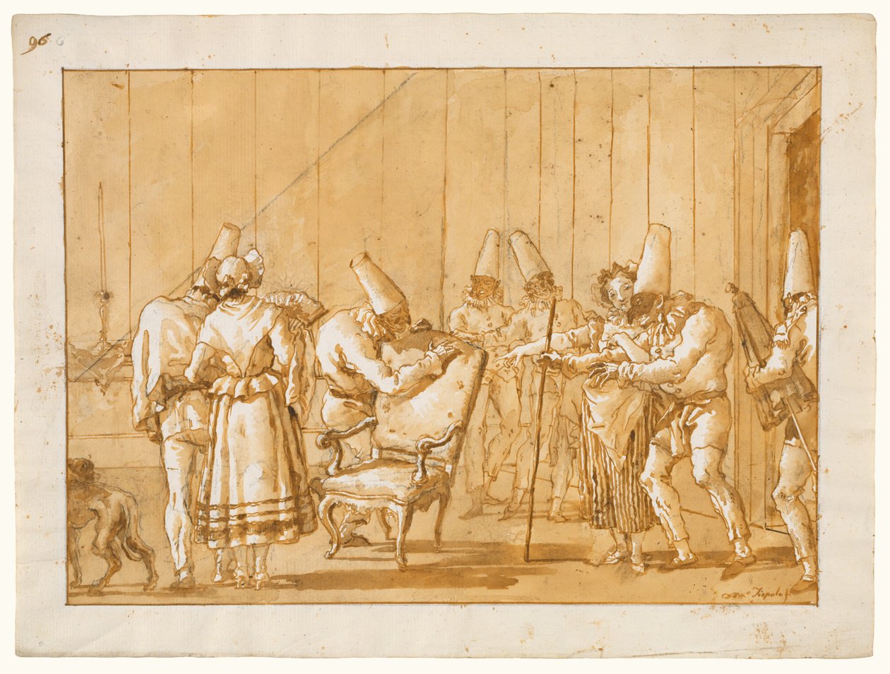 Ayudan a Punchinello a sentarse en una silla de Giovanni Domenico Tiepolo