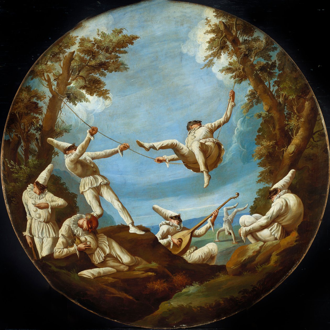 Punchinellos en columpios, haciendo música y acrobacias en un paisaje de Giovanni Domenico Tiepolo