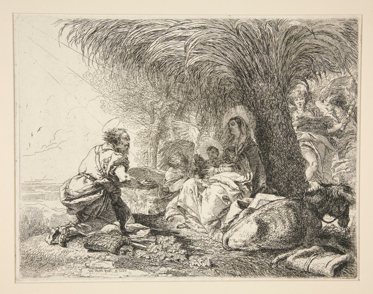 San José adorando al Niño Jesús, de la serie Idee pittoresche sopra la fuga en Egitto (Huida a Egipto) de Giovanni Domenico Tiepolo