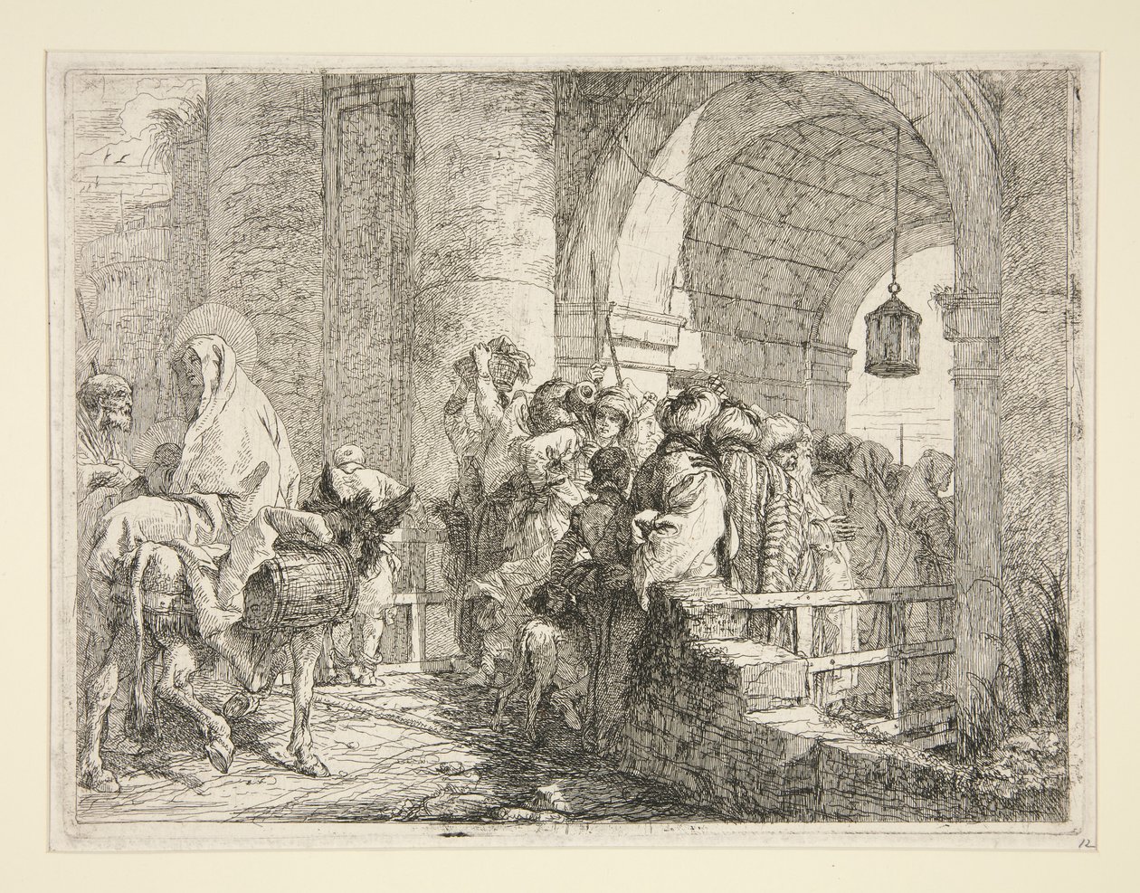 La llegada de la Sagrada Familia a la puerta de una ciudad, de la serie Idee pittoresche sopra la fuga en Egitto (Huida a Egipto) de Giovanni Domenico Tiepolo