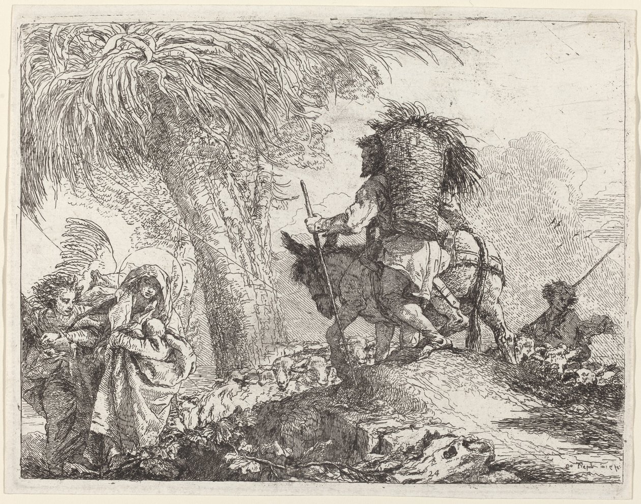 La huida, José a la derecha y María y el ángel a la izquierda de Giovanni Domenico Tiepolo