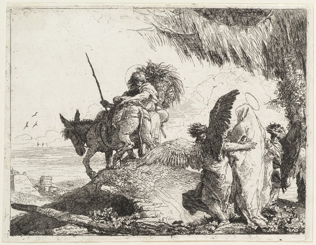 La huida, con la Madonna a la derecha apoyada por ángeles de Giovanni Domenico Tiepolo