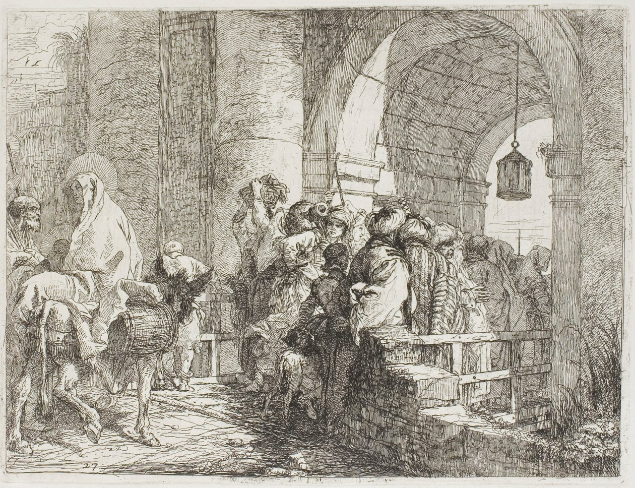 La Sagrada Familia llegando a la puerta de una ciudad, lámina 27 de La huida a Egipto de Giovanni Domenico Tiepolo