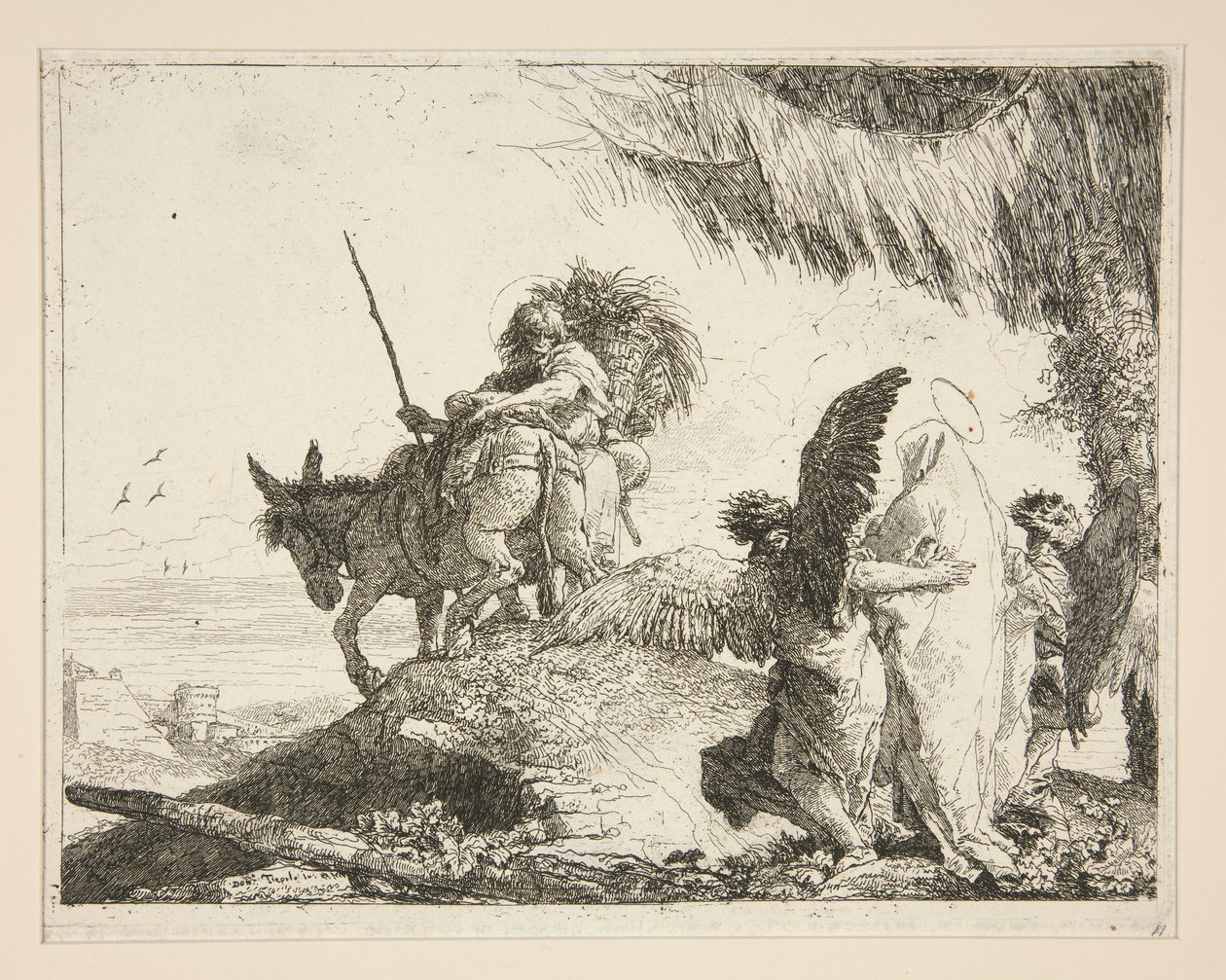 La Sagrada Familia entre dos ángeles, de la serie Idee pittoresche sopra la fuga en Egitto (Huida a Egipto) de Giovanni Domenico Tiepolo