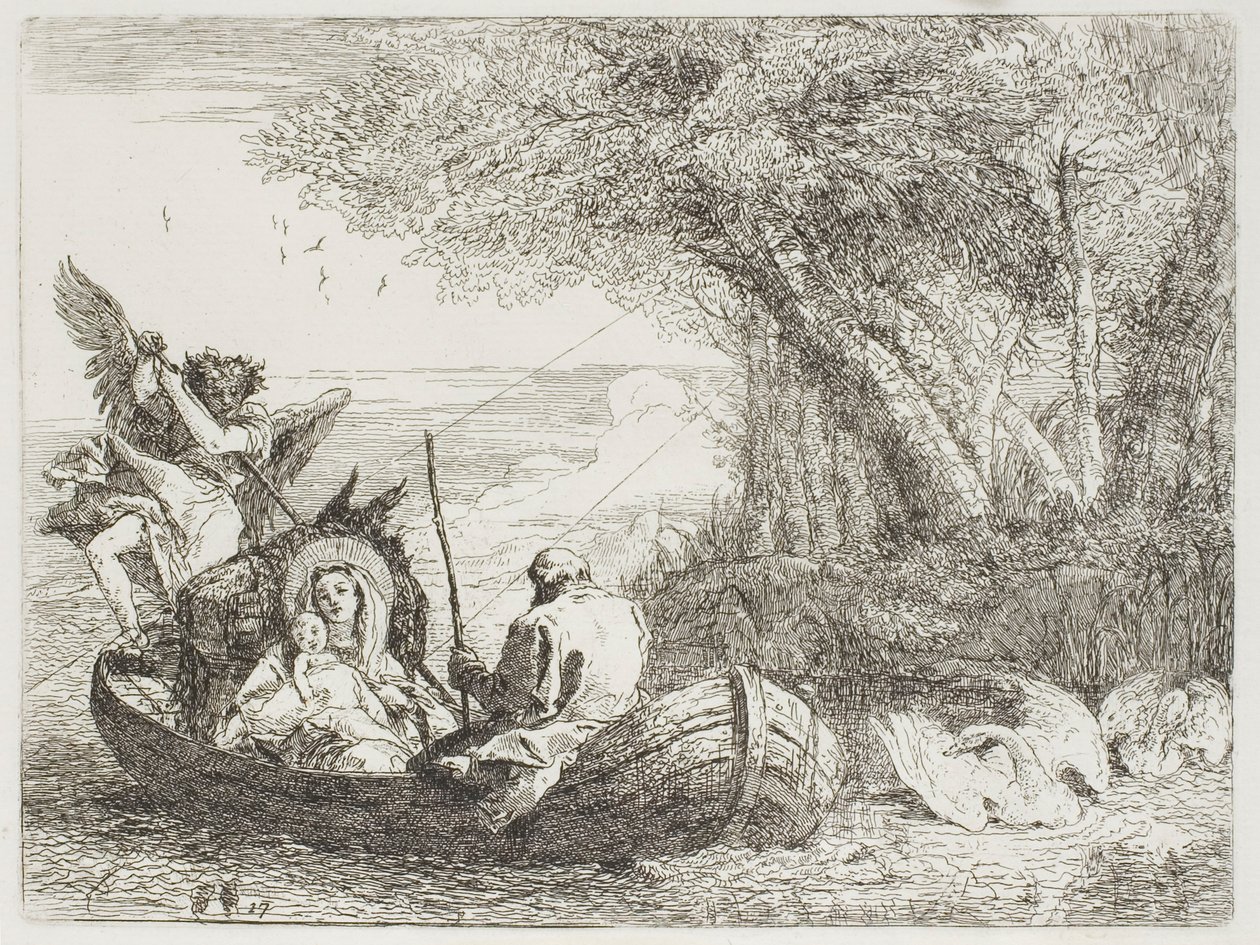 La Sagrada Familia cruzando el lago en el bote, lámina diecisiete de La huida a Egipto de Giovanni Domenico Tiepolo