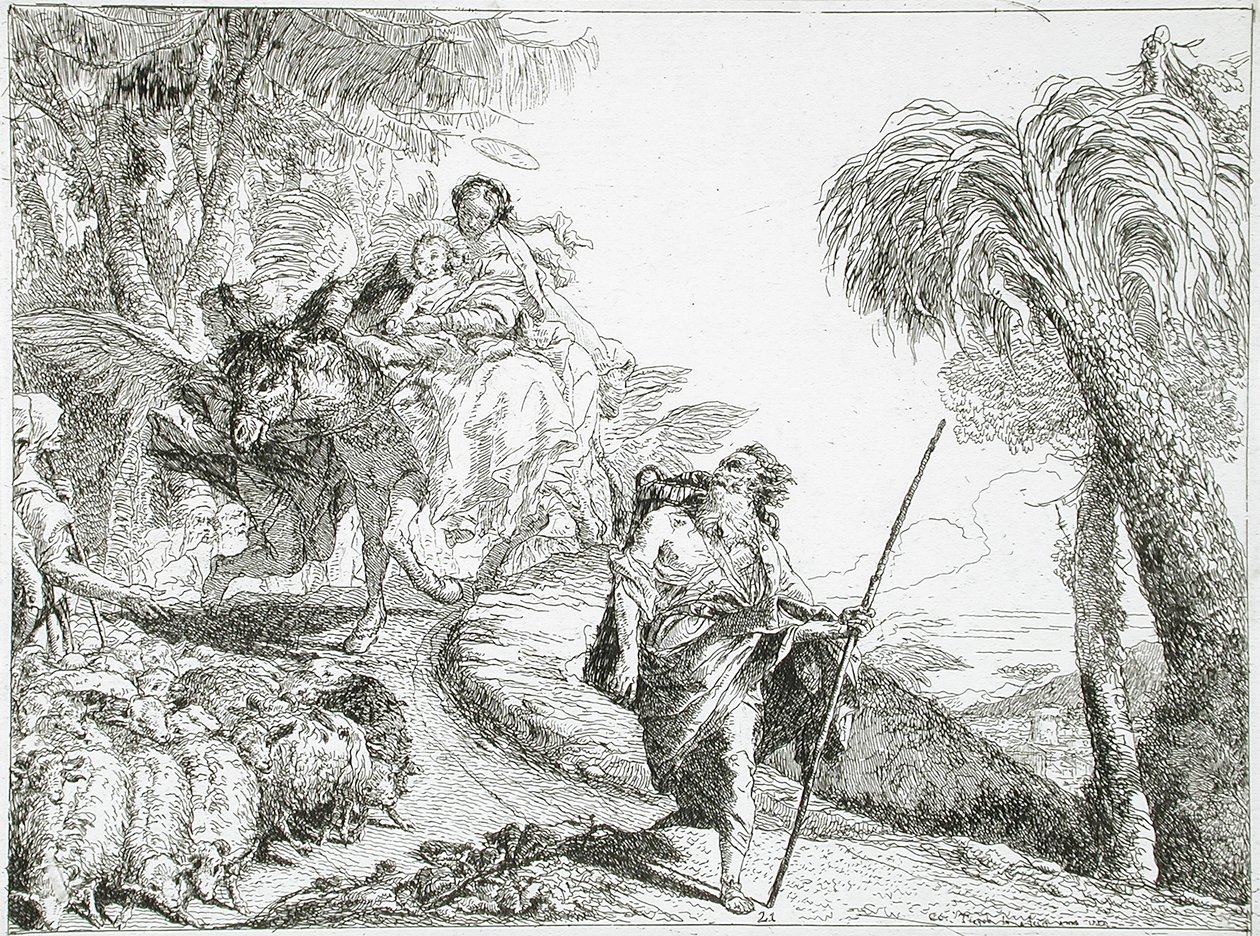 La Sagrada Familia desciende por un sendero forestal, cerca de un rebaño y algunos pastores de Giovanni Domenico Tiepolo