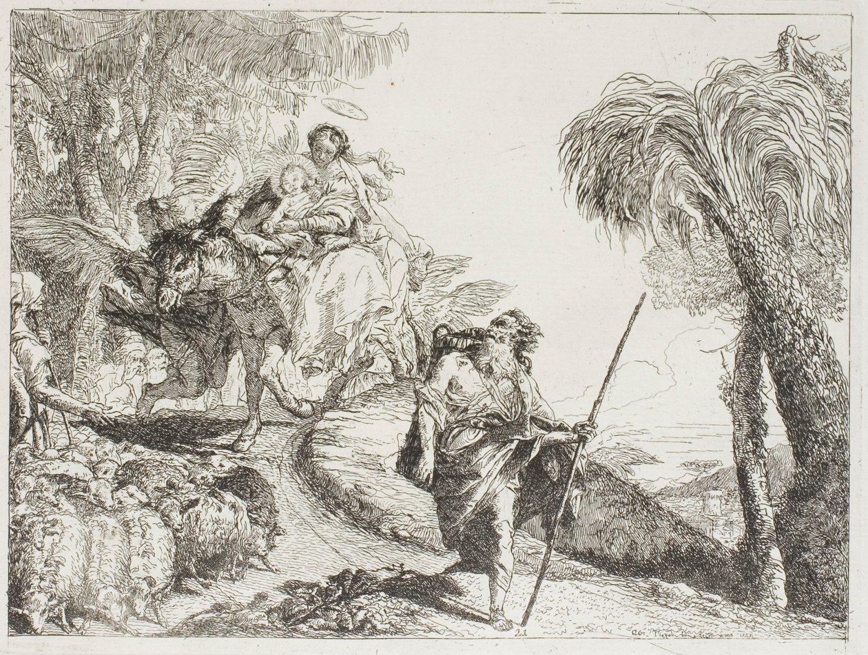 La Sagrada Familia Descendiendo por un Sendero del Bosque, Cerca de un Rebaño y Algunos Pastores, lámina 21 de La Huida a Egipto de Giovanni Domenico Tiepolo