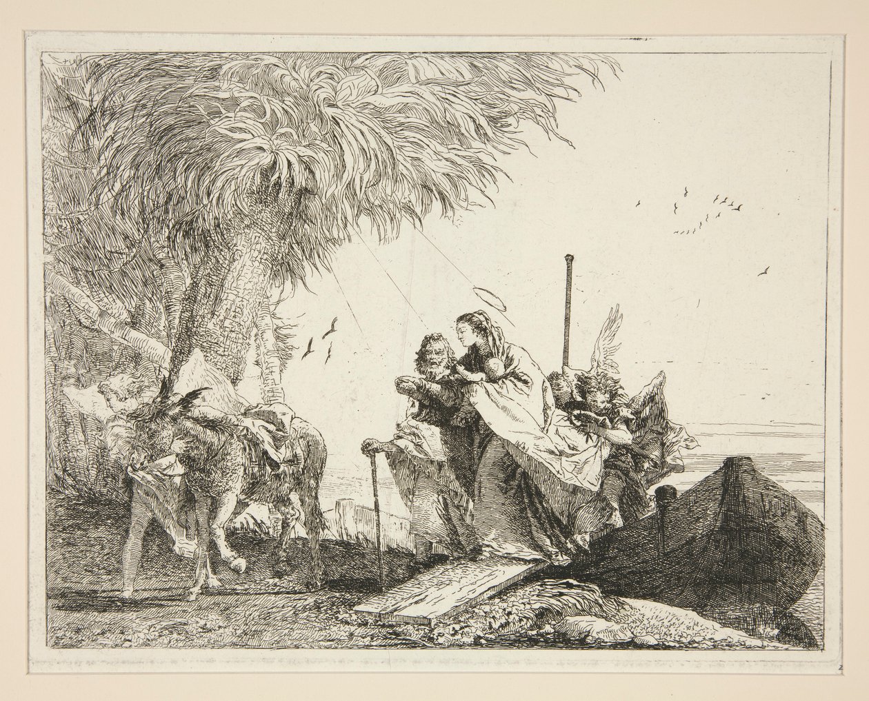 La Sagrada Familia desembarcando, de la serie Ideas pintorescas sobre la huida a Egipto de Giovanni Domenico Tiepolo