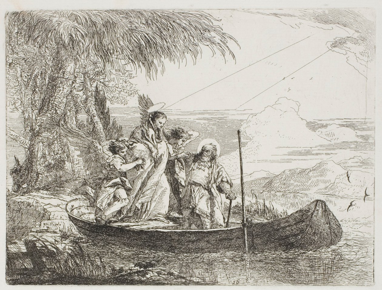 La Sagrada Familia entrando en el bote con la ayuda de los ángeles, lámina dieciséis de La huida a Egipto de Giovanni Domenico Tiepolo