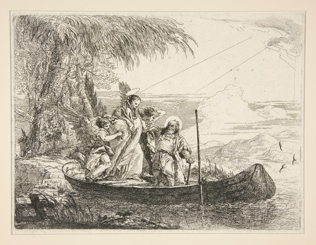La Sagrada Familia entra en un barco, de la serie Idee pittoresche sopra la fuga en Egitto (Huida a Egipto) de Giovanni Domenico Tiepolo