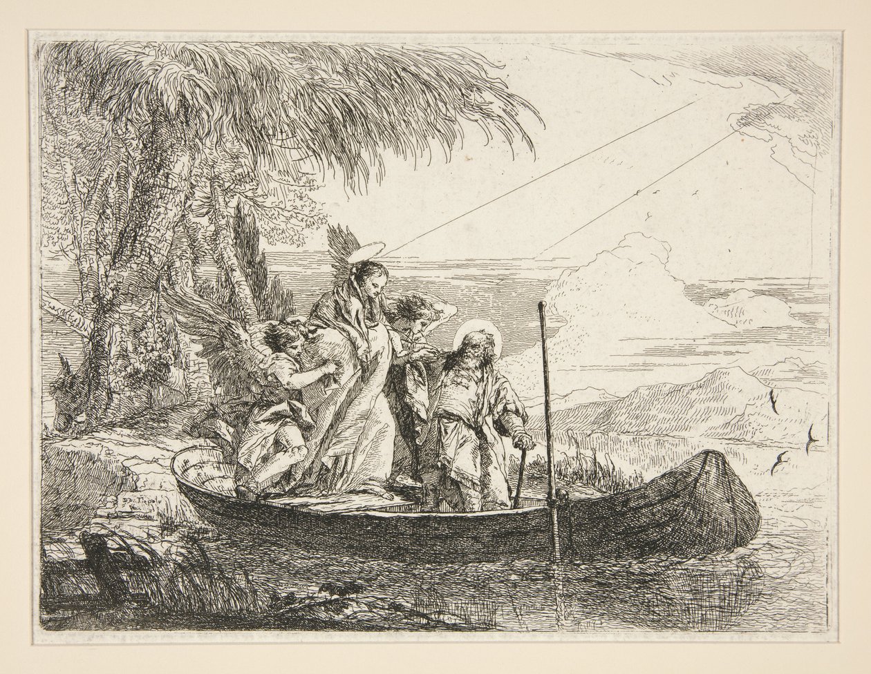 «La Sagrada Familia sube a una barca», de la serie «Idee pittoresche sopra la fuga in Egitto» (La huida a Egipto) de Giovanni Domenico Tiepolo