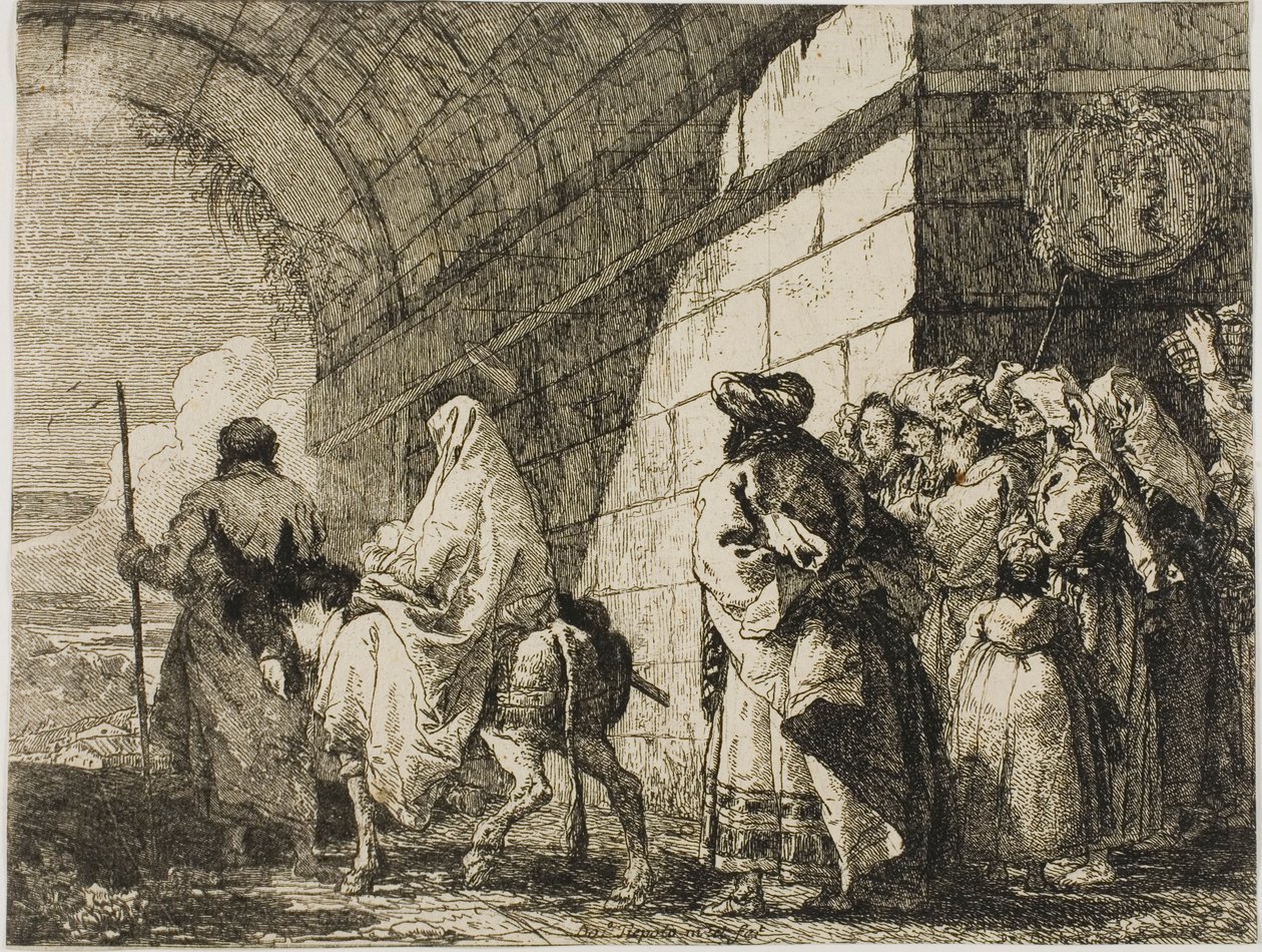 La Sagrada Familia saliendo por una puerta de la ciudad, lámina siete de La huida a Egipto de Giovanni Domenico Tiepolo