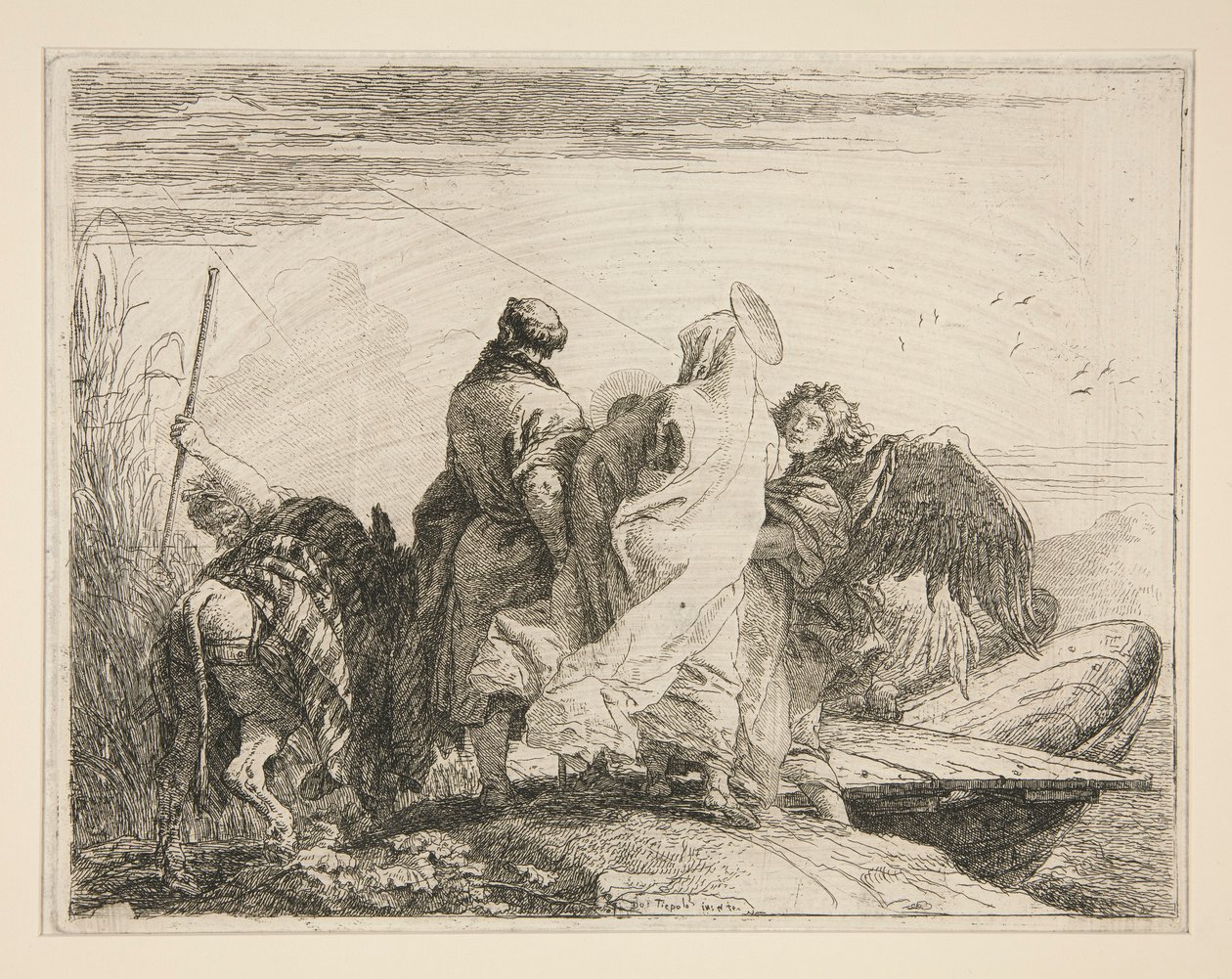 La Sagrada Familia saliendo de la orilla del río, de la serie Idee pittoresche sopra la fuga en Egitto (Huida a Egipto) de Giovanni Domenico Tiepolo