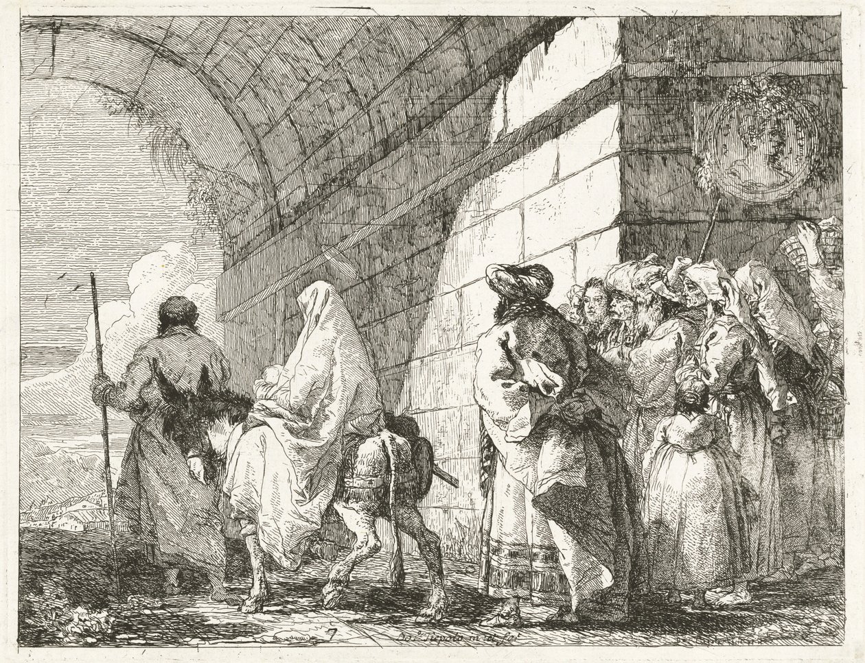 La Sagrada Familia pasa bajo un arco de la ciudad de Giovanni Domenico Tiepolo